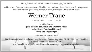 Traueranzeige von Werner Traue von Mitteldeutsche Zeitung Mansfelder Land