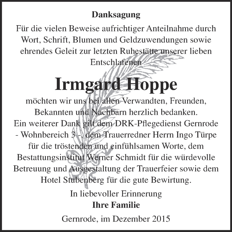  Traueranzeige für Irmgard Hoppe vom 02.01.2016 aus WVG - Wochenspiegel Quedlinburg