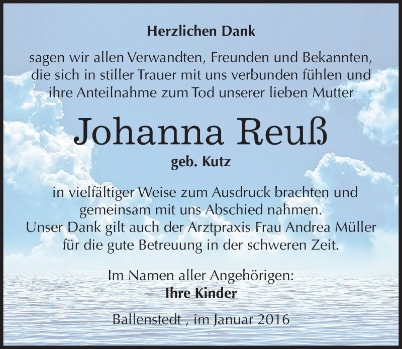  Traueranzeige für Johanna Reuß vom 02.01.2016 aus Mitteldeutsche Zeitung Quedlinburg