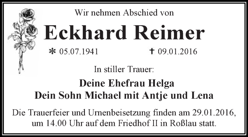  Traueranzeige für Eckhard Reimer vom 16.01.2016 aus WVG - Wochenspiegel Dessau / Köthen