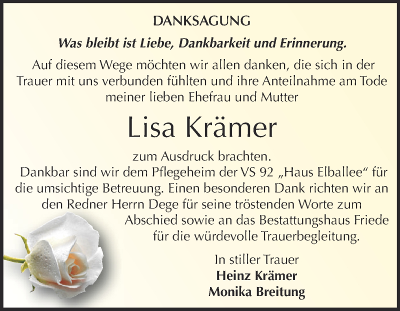  Traueranzeige für Lisa Krämer vom 09.01.2016 aus WVG - Wochenspiegel Dessau / Köthen