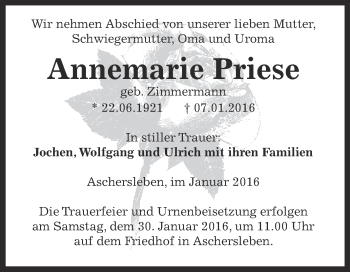 Traueranzeige von Annemarie Priese von Super Sonntag Aschersleben