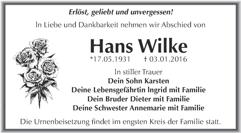  Traueranzeige für Hans Wilke vom 16.01.2016 aus WVG - Wochenspiegel Dessau / Köthen