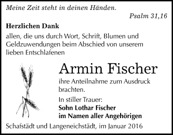 Traueranzeige von Armin Fischer von WVG - Wochenspiegel Merseburg
