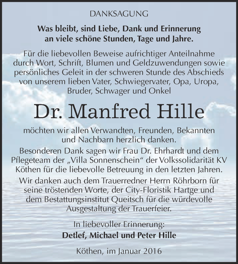  Traueranzeige für Manfred Hille vom 16.01.2016 aus WVG - Wochenspiegel Dessau / Köthen