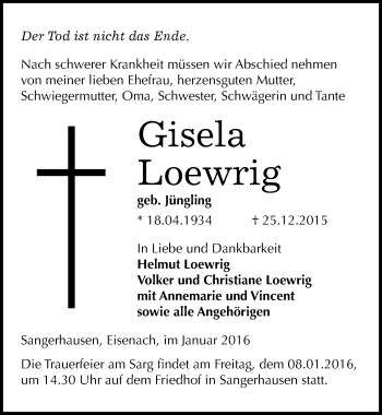 Traueranzeige von Gisela Loewrig von Mitteldeutsche Zeitung Sangerhausen