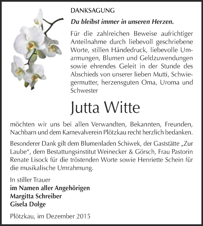  Traueranzeige für Jutta Witte vom 09.01.2016 aus Super Sonntag Bernburg