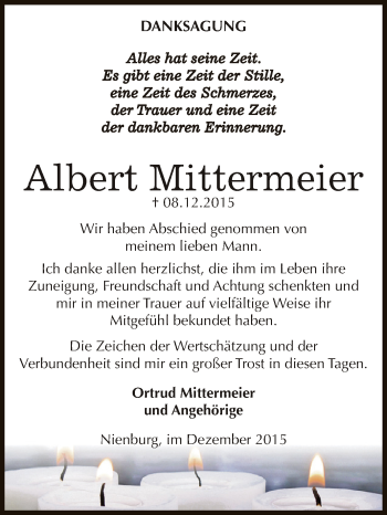 Traueranzeige von Albert Mittermeier von Super Sonntag Bernburg