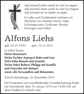 Traueranzeige von Alfons Liehs von WVG - Wochenspiegel Wittenberg