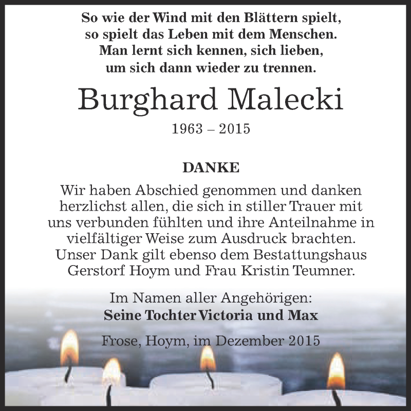  Traueranzeige für Burghard Malecki vom 09.01.2016 aus Super Sonntag Aschersleben