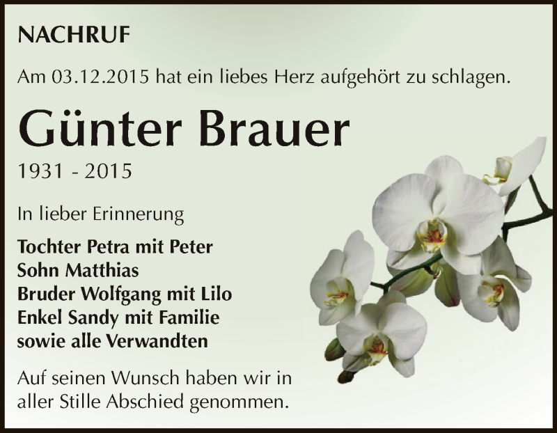  Traueranzeige für Günter Brauer vom 02.01.2016 aus Super Sonntag Zeitz