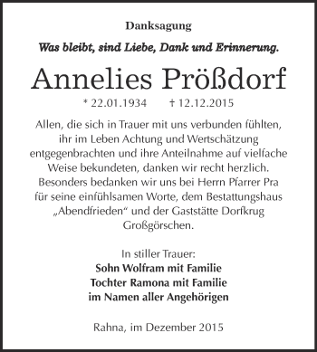 Traueranzeige von Annelies Prößdorf von WVG - Wochenspiegel Merseburg