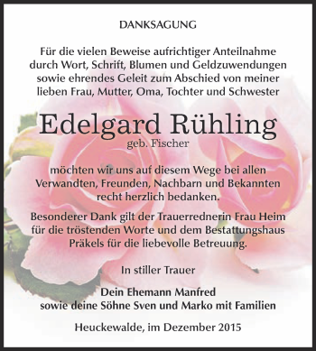 Traueranzeige von Edelgard Rühling von Super Sonntag Zeitz