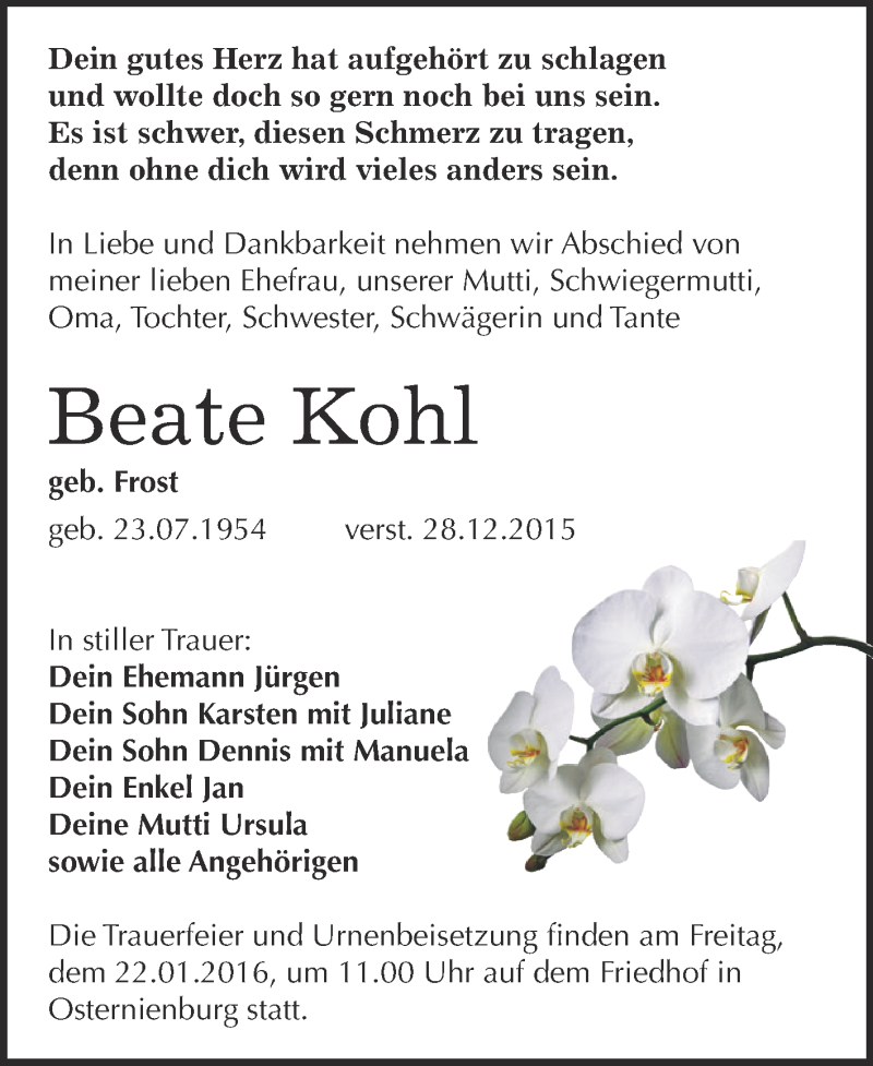  Traueranzeige für Beate Kohl vom 09.01.2016 aus WVG - Wochenspiegel Dessau / Köthen