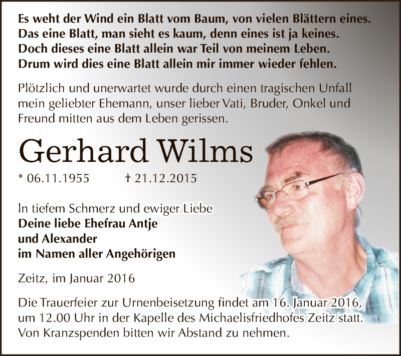 Traueranzeige für Gerhard Wilms vom 09.01.2016 aus Super Sonntag Zeitz