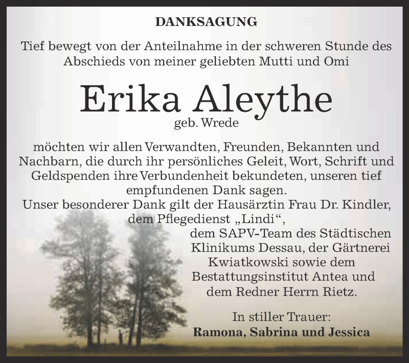  Traueranzeige für Erika Aleythe vom 16.01.2016 aus WVG - Wochenspiegel Dessau / Köthen