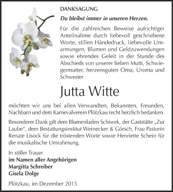 Traueranzeige von Jutta Witte von Super Sonntag Bernburg