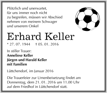 Traueranzeige von Erhard Keller von Mitteldeutsche Zeitung Mansfelder Land