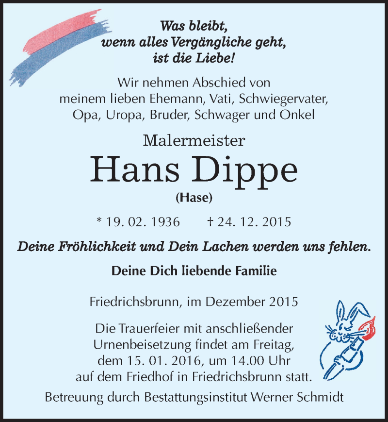  Traueranzeige für Hans Dippe vom 05.01.2016 aus Mitteldeutsche Zeitung Quedlinburg