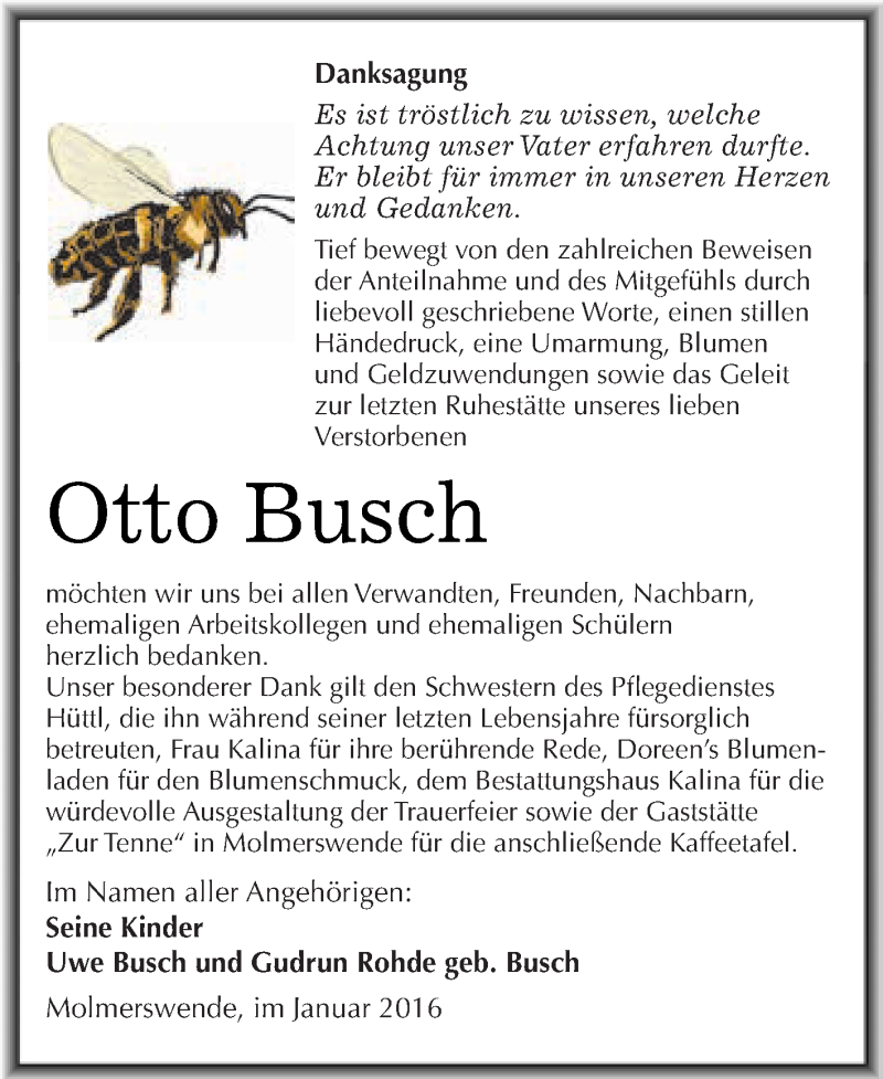  Traueranzeige für Otto Busch vom 16.01.2016 aus Super Sonntag SGH Mansf. Land