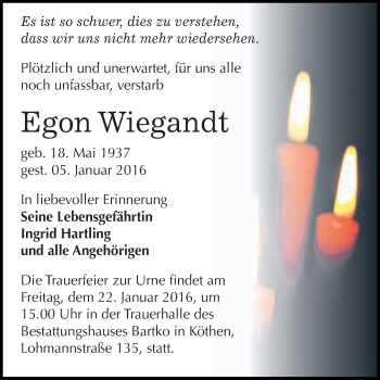Traueranzeige von Egon Wiegandt von WVG - Wochenspiegel Dessau / Köthen