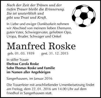 Traueranzeige von Manfred Roske von Mitteldeutsche Zeitung Sangerhausen