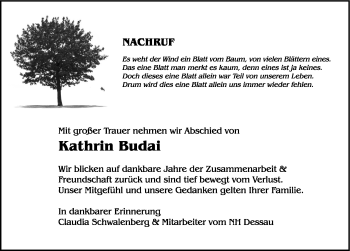 Traueranzeige von Kathrin Budai von Mitteldeutsche Zeitung Dessau-Roßlau