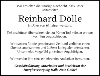 Traueranzeige von Reinhard Dölle von Mitteldeutsche Zeitung Halle/Saalkreis