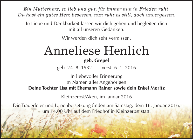  Traueranzeige für Anneliese Henlich vom 09.01.2016 aus Mitteldeutsche Zeitung Köthen