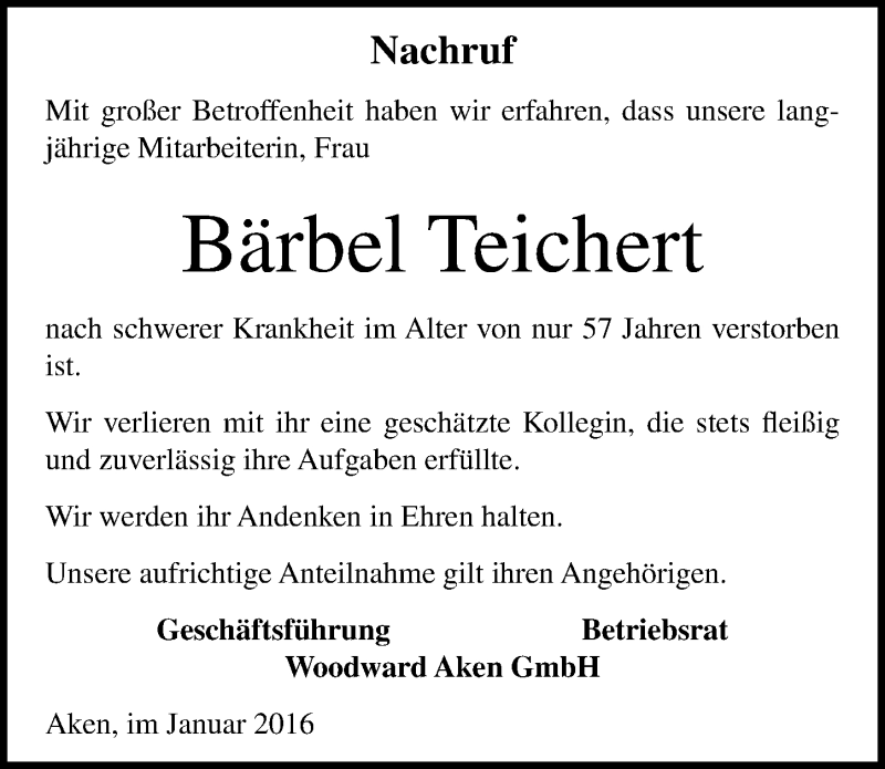  Traueranzeige für Bärbel Teichert vom 16.01.2016 aus Mitteldeutsche Zeitung Köthen