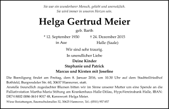 Traueranzeige von Helga Gertrud Meier von Mitteldeutsche Zeitung Halle/Saalkreis