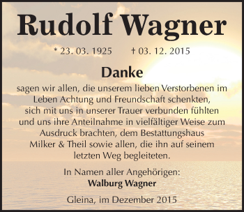 Traueranzeige von Rudolf Wagner von Mitteldeutsche Zeitung Zeitz