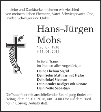 Traueranzeige von Hans-Jürgen Mohs von Super Sonntag Wittenberg
