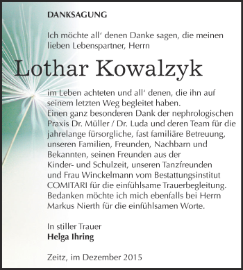 Traueranzeige von Lothar Kowalzyk von Super Sonntag Zeitz