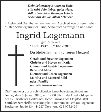 Traueranzeige von Ingrid Logemann von Wochenspiegel Mansfelder Land