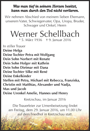 Traueranzeige von Werner Schellbach von Super Sonntag Zeitz