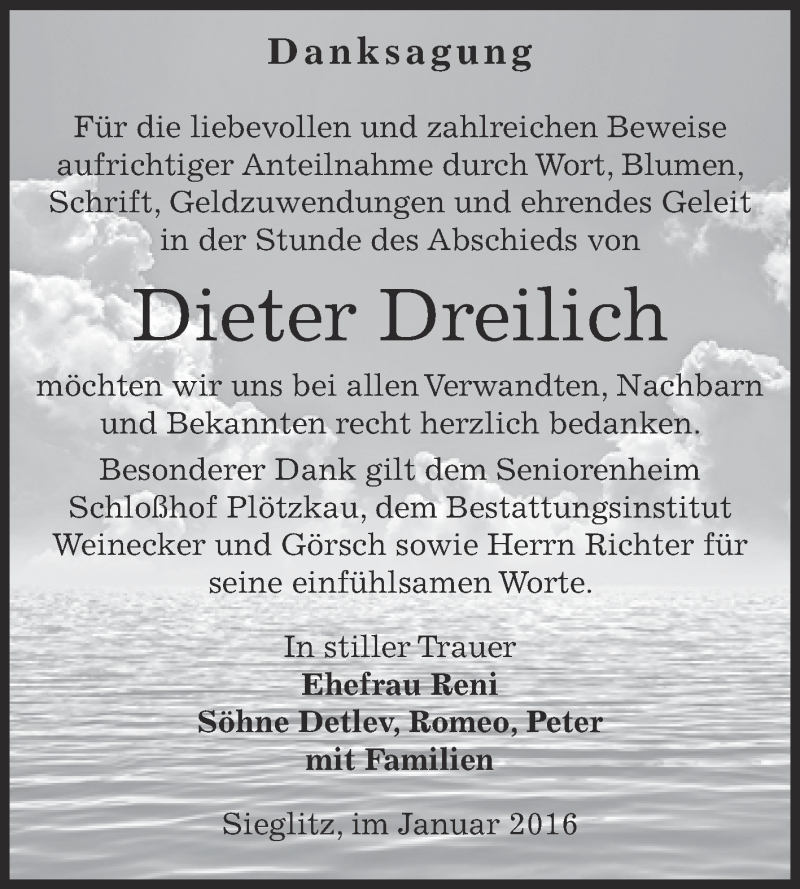  Traueranzeige für Dieter Dreilich vom 16.01.2016 aus Super Sonntag Bernburg
