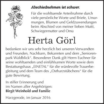 Traueranzeige von Herta Görl von Super Sonntag Quedlinburg