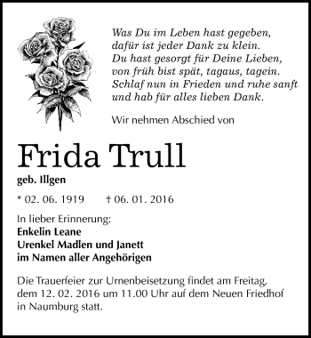 Traueranzeige von Frida Trull von Mitteldeutsche Zeitung Naumburg/Nebra
