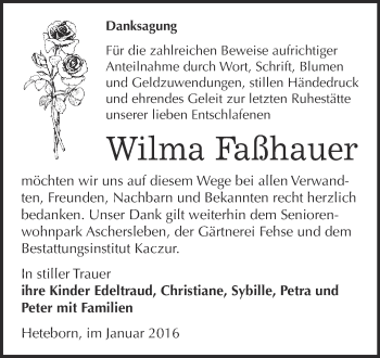 Traueranzeige von Wilma Faßhauer von WVG - Wochenspiegel Quedlinburg