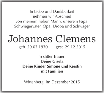 Traueranzeige von Johannes Clemens von WVG - Wochenspiegel Wittenberg