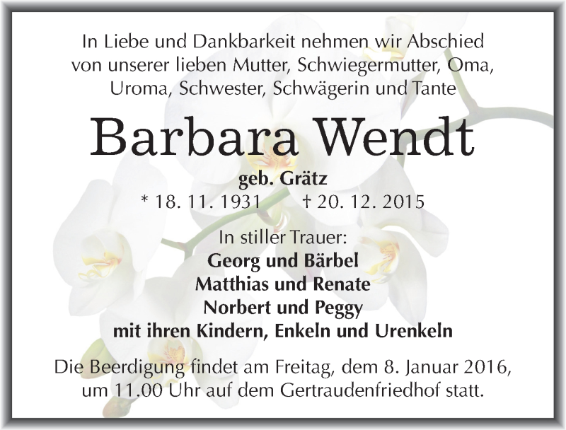  Traueranzeige für Barbara Wendt vom 02.01.2016 aus Mitteldeutsche Zeitung Halle/Saalkreis