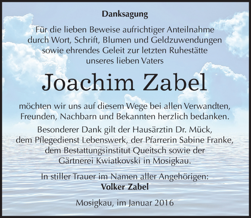  Traueranzeige für Joachim Zabel vom 15.01.2016 aus Mitteldeutsche Zeitung Dessau-Roßlau