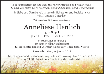Traueranzeige von Anneliese Henlich von Mitteldeutsche Zeitung Köthen