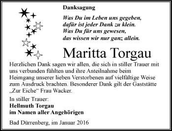Traueranzeige von Maritta Torgau von Mitteldeutsche Zeitung Merseburg/Querfurt