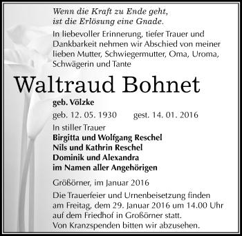 Traueranzeige von Waltraud Bohnet von Mitteldeutsche Zeitung Mansfelder Land