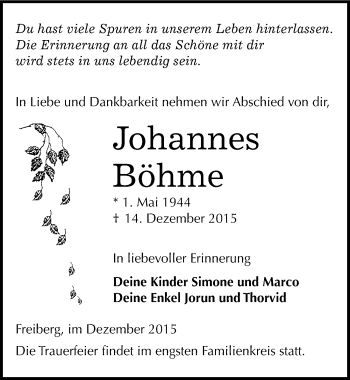 Traueranzeige von Johannes Böhme von Mitteldeutsche Zeitung Weißenfels