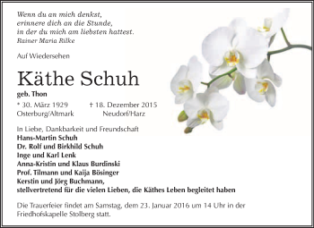Traueranzeige von Käthe Schuh von WVG - Wochenspiegel Quedlinburg