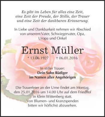 Traueranzeige von Ernst Müller von Super Sonntag Wittenberg