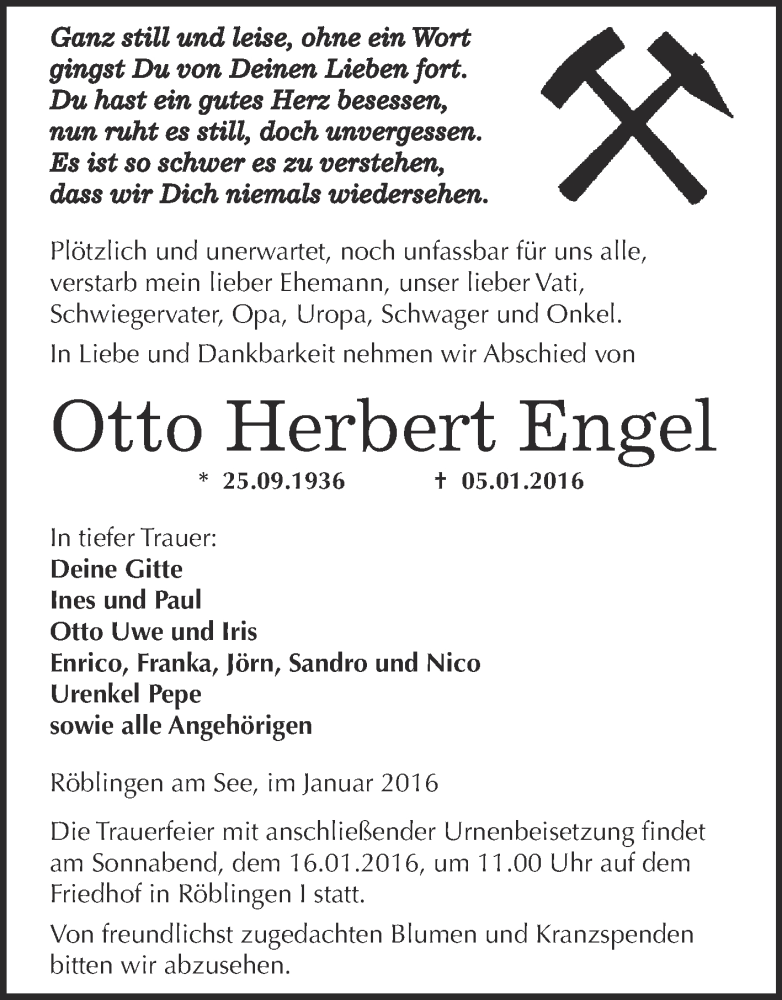  Traueranzeige für Otto Herbert Engel vom 13.01.2016 aus Wochenspiegel Mansfelder Land